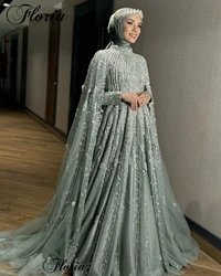 Muslim Formal Evening Dresses With Full Sleeves Beaded Wedding Party Dresses A-Line Robes De Soirée Special Occasion Dresses