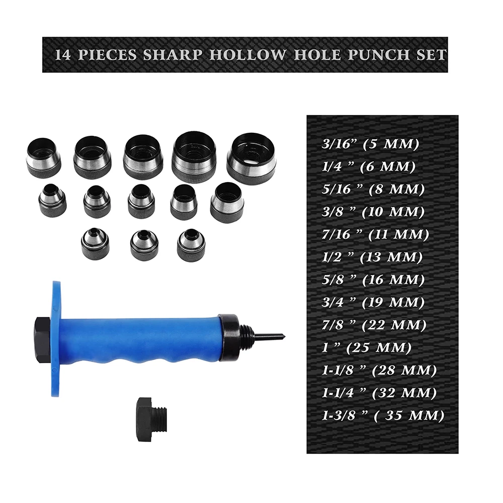 14PCS Leather Round Hole Punch Set Gasket Cutter High Carbon Steel Hole Punching Cutting Tools 5-35MM Replaceable Sharp Head