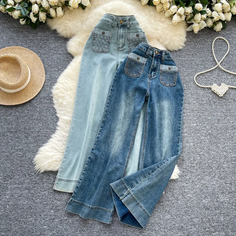 ANJY خريف جديد إمرأة الأمريكية الرجعية الجينز الثقيلة الحرفية جيب التطريز شارع العليا العصرية عادية التخسيس السراويل المستقيمة A8827