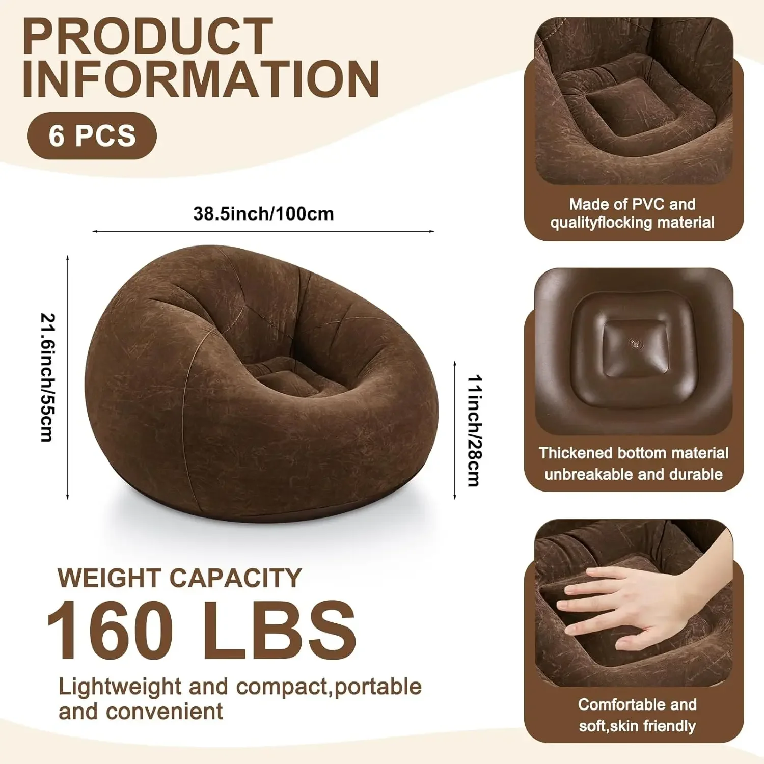 6 Pcs Inflatable Bean Bag Chairs with Electric Air Pump Portable Inflatable Blow up Couch Flocking