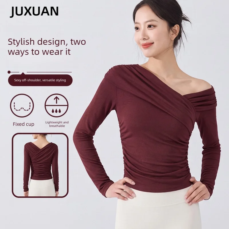 Women Off Shoulder Yoga Top Long Sleeve With Built-in Bra V Neck Slim Fit Elegant Workout Fitness Shirt New Arrival Activewear