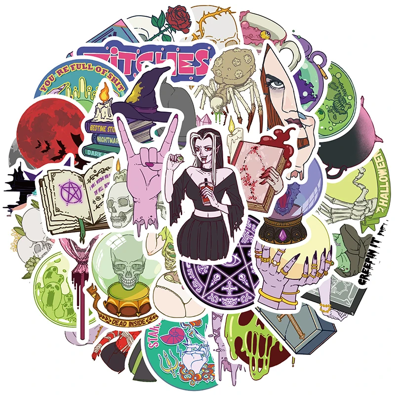 

50 шт., набор наклеек «Волшебная ведьма», мультяшный скелет, стикер ведьмы, водостойкая виниловая эстетическая наклейка ведьмы для скрапбукинга