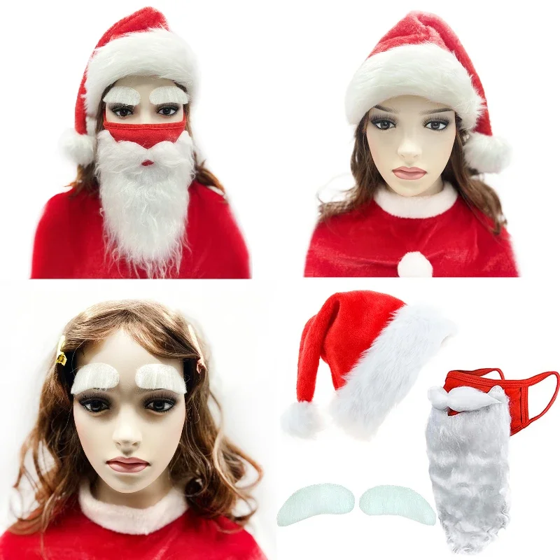 2025 Christmas Beard Mask Red Cotton Mask Holiday Funny White Beard Mask Christmas Decorative Mask.Christmas Hat Sticky Eyebrows