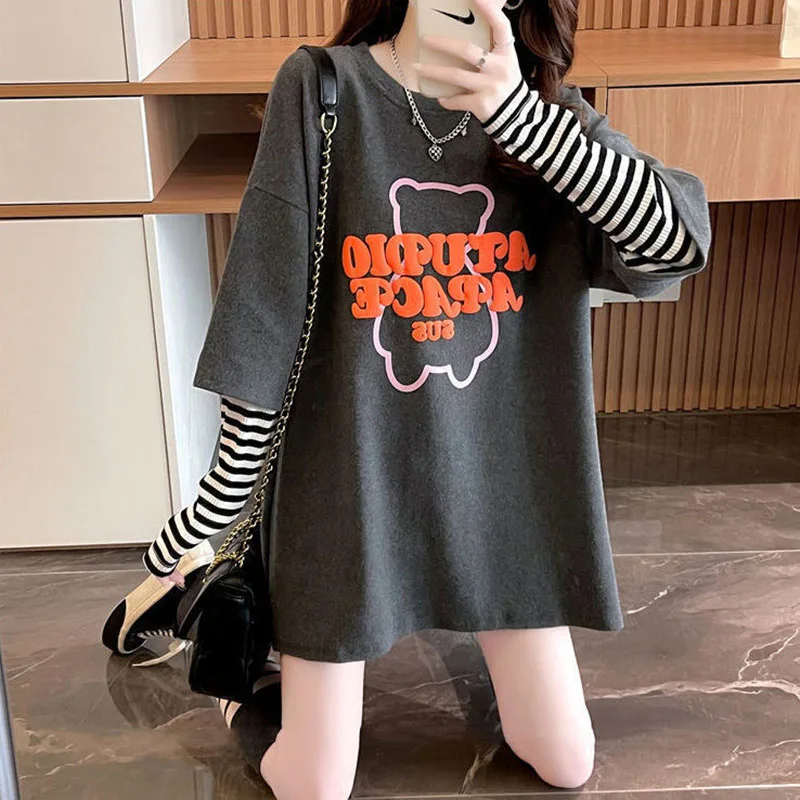 Fashion Striped Spliced Fake Two Pieces Letter T-Shirt Female Clothing 2023 Autumn New Korean Pullovers Loose Casual Tee Shirt