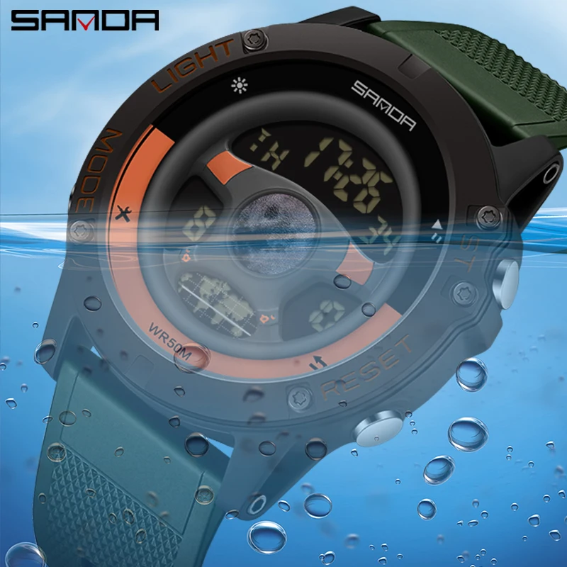 SANDA 9024 Men\'s New Car Steering Wheel Watch Sport Silicone Band Design 50M Waterproof LED Digital Wristwatch Relogio Masculino