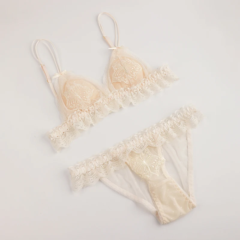 Conjuntos de sutiã e calcinha feminina lingerie sexy conjunto de sutiã doce renda bordado borboleta transparente sem fio conjunto de sutiã feminino