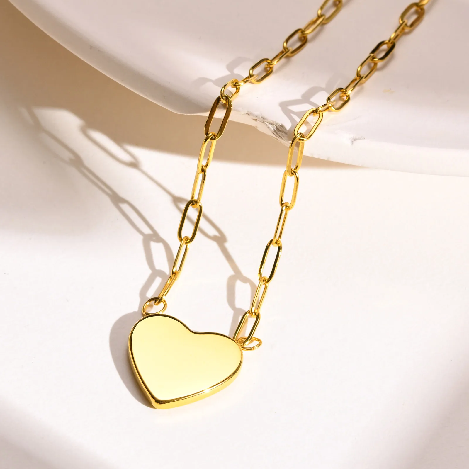 Temperament Shell Heart Necklaces for Women Young Girls Gift Jewelry,Gold Color Stainless Steel Paperclip Chain collar femenino