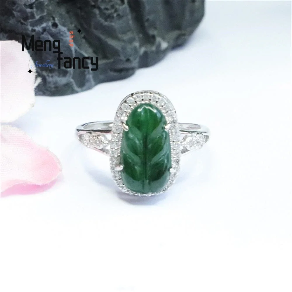 

S925 Silver Lnlaid Natural Jadeite With Ice Type Imperial Green Leaf Ring Exquisite Elegant Charm High-grade Couple Fine Jewelry