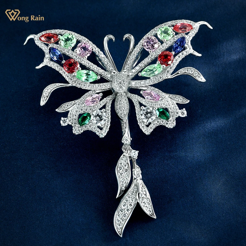 

Wong Rain Luxury 925 Sterling Sliver Butterfly Sapphire High Carbon Diamond Gemstone Sparkling Colorful Brooch Brooches Jewelry