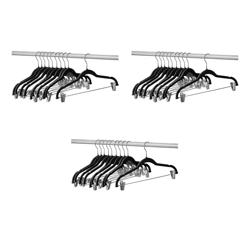 FLYY-30er-Pack Kleiderbügel mit Clips, schwarze Samtbügel für Röcke und Kleidung, Hosenbügel, ultradünn, rutschfest – Detail 3