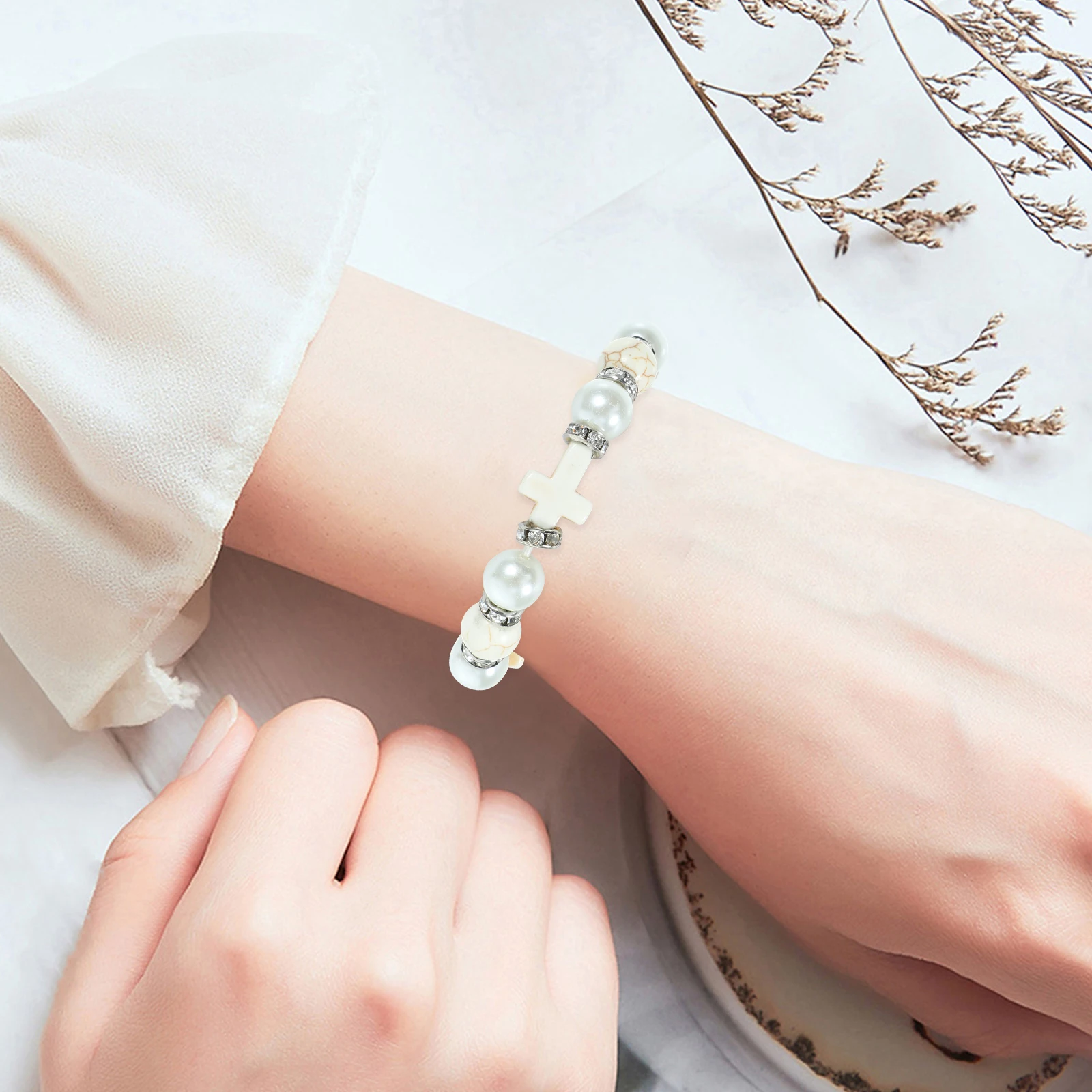

Pearl Turquoise Beaded Bracelets Elastic Religious Faith Elastic Cross Bracelet Adjustable Small Charm Handmade Accessories