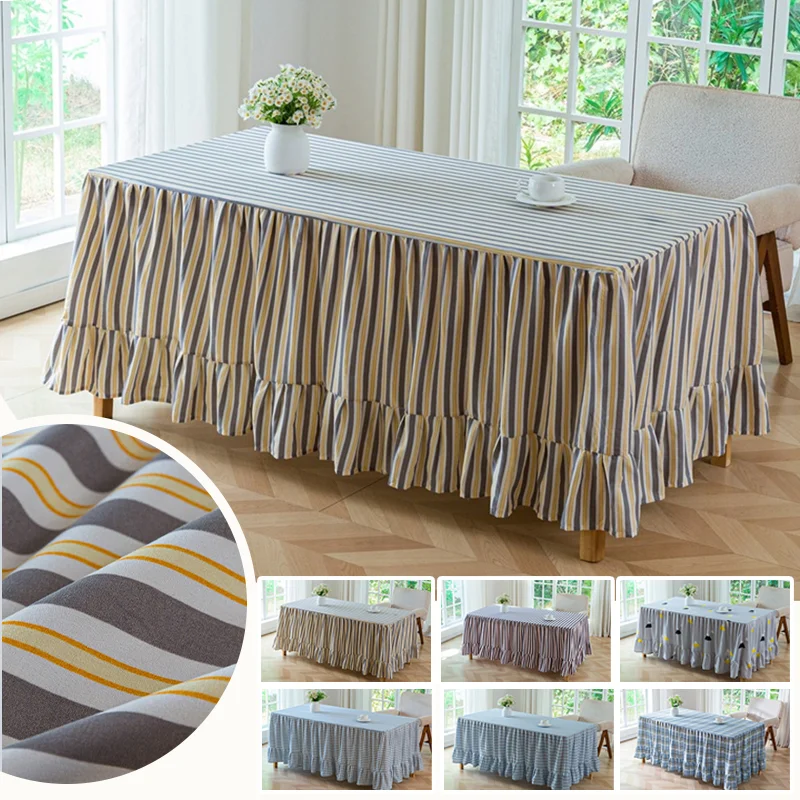 Pastoral Plaid Striped Rectangle Polyester Tablecloth Ruffle Edge Design Table Cover For Kitchen Dining Banquet Party Home Decor