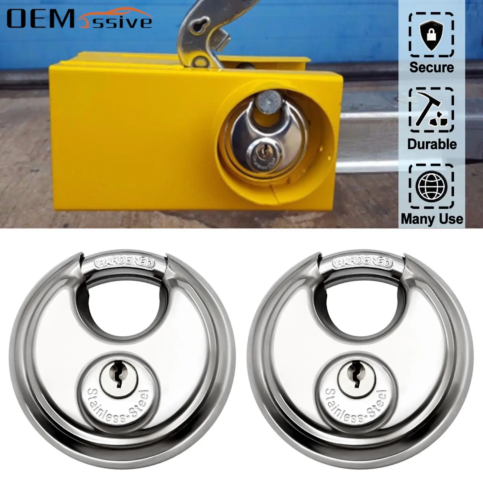 2Pcs 70mm Disc Stainless Steel Hardened Shackle Padlock Lock 4Keys Copper Lock Trailer Door Hitch Durable Anti-theft Security