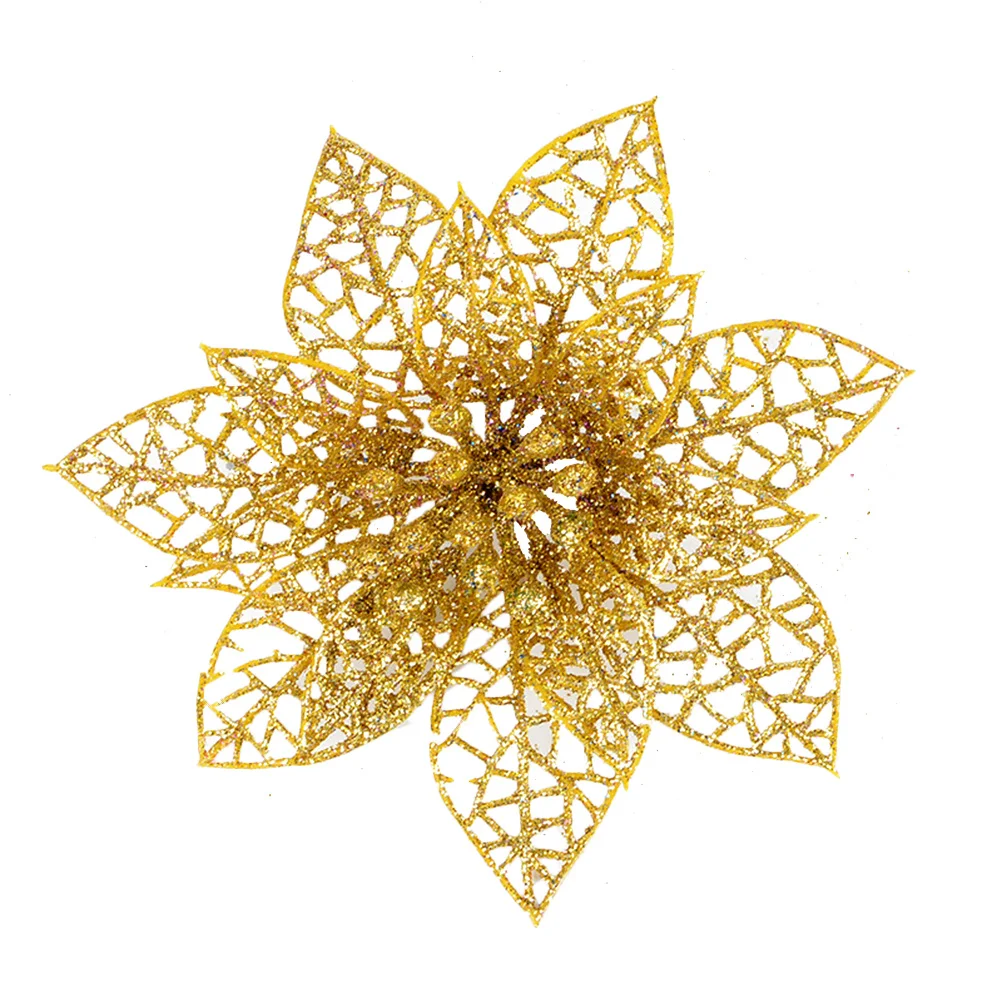 10개 프리미엄 인조 크리스마스 꽃 금색 장식용 플로랄 픽스 크리스마스 트리 장식 재사용 가능한 축제용