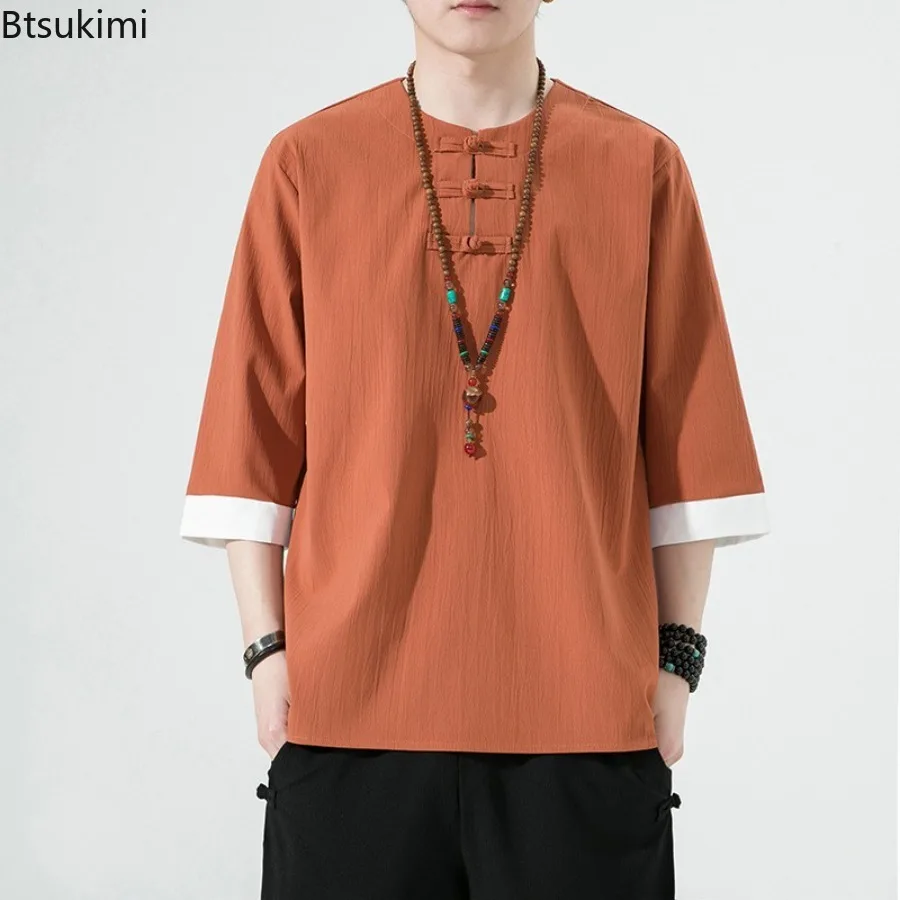 New2025 Men's Solid Vintage Cotton Linen Shirts Summer O-neck 3/4 Sleeve Casual Tops Chinese Style Men Clothing Hanfu Tang Dress