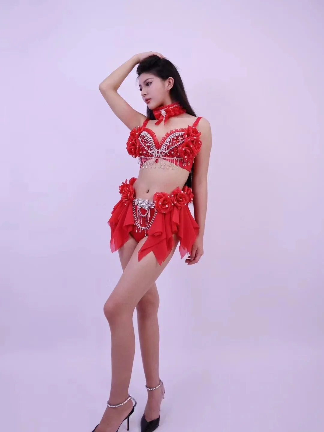 السنة الجديدة عيد الميلاد زي الأحمر القوس مثير شبكة روز زهرة هامش اللؤلؤ الماس بيكيني فستان المغني Dnace مرحلة ملهى ليلي الزي