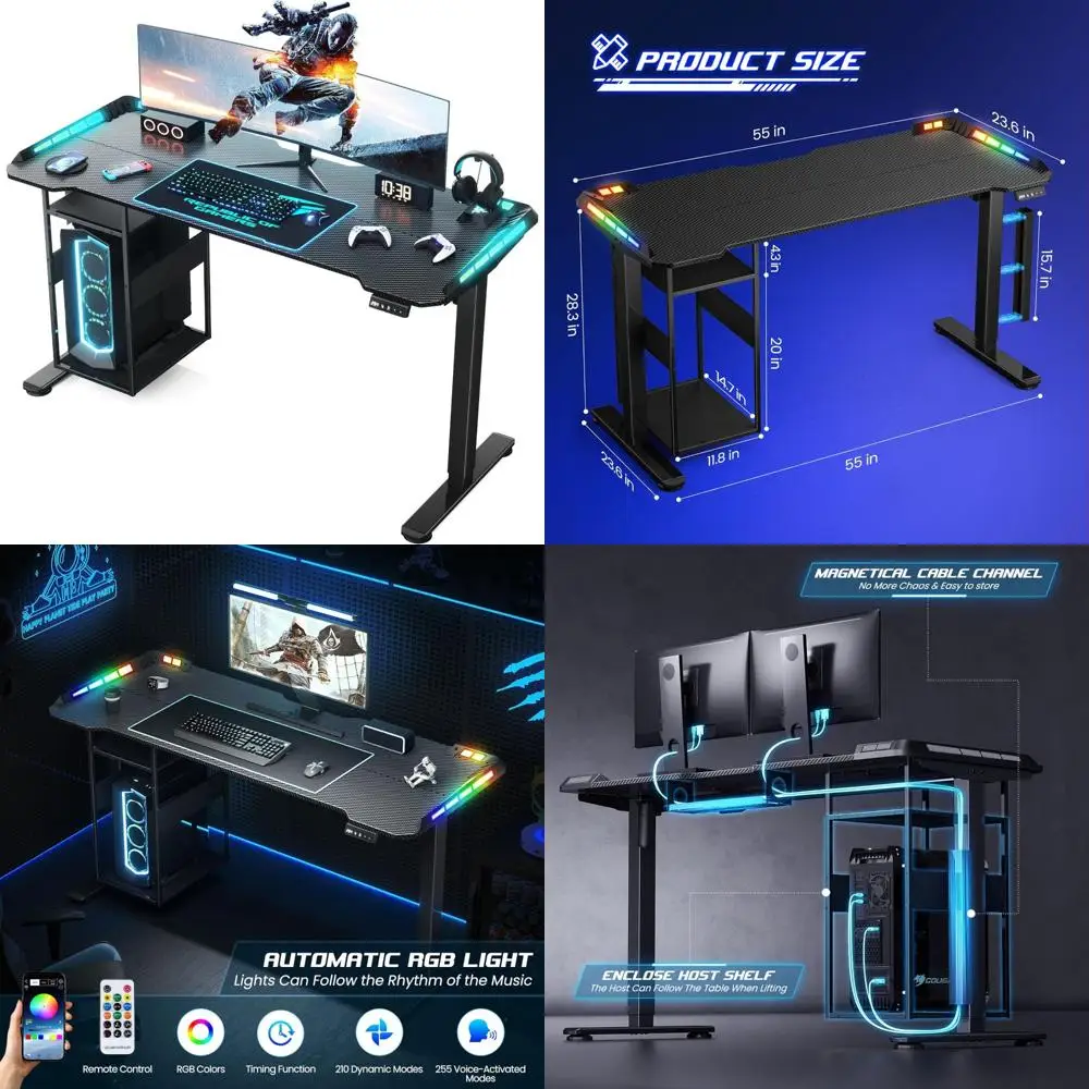 Illuminated Adjustable Desk with Music-Synced LED, 55 x 24 Smart Gaming Desk with Cable Management