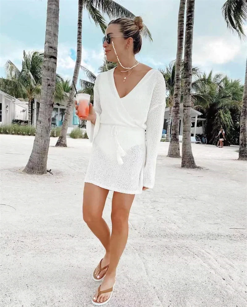Women's Long Sleeve Sexy Deep V Short Knitted Dress Beach Bathing Suit Crocheted Swimsuit Bikini Cover-Up Tunic Swimwear