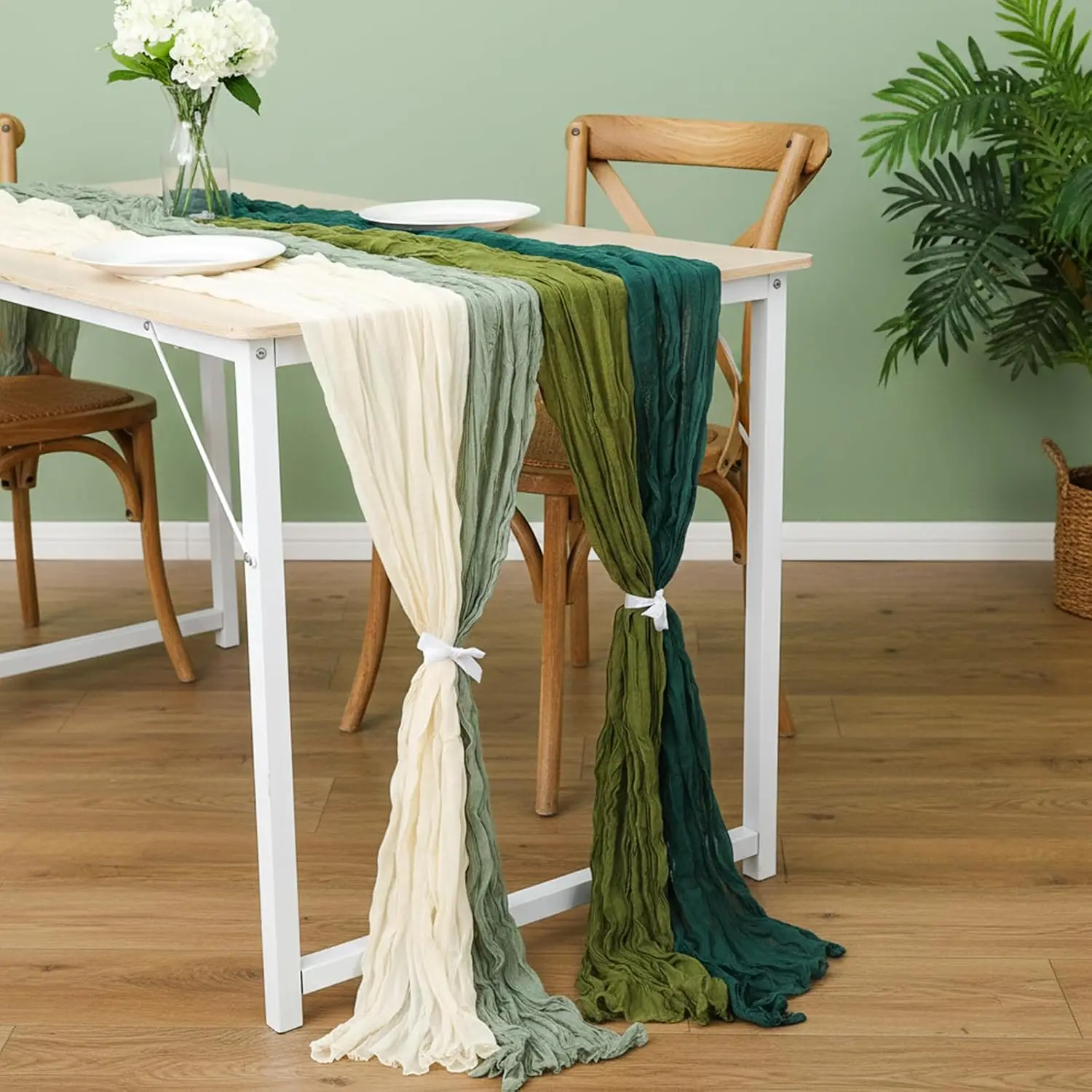 4pcs Cheesecloth Green Table Runner Tablecloth Romantic Wedding Vintage Rustic Sheer for Wedding Bridal Shower Party Decor