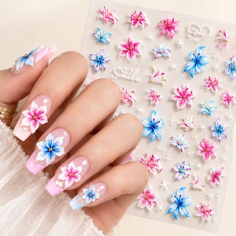 1Pc Star Heart Lily Flower Nail Decoration 5D Embossed Self Adhesive Stickers Decals for Acrylic Nails Manicure Women Gift