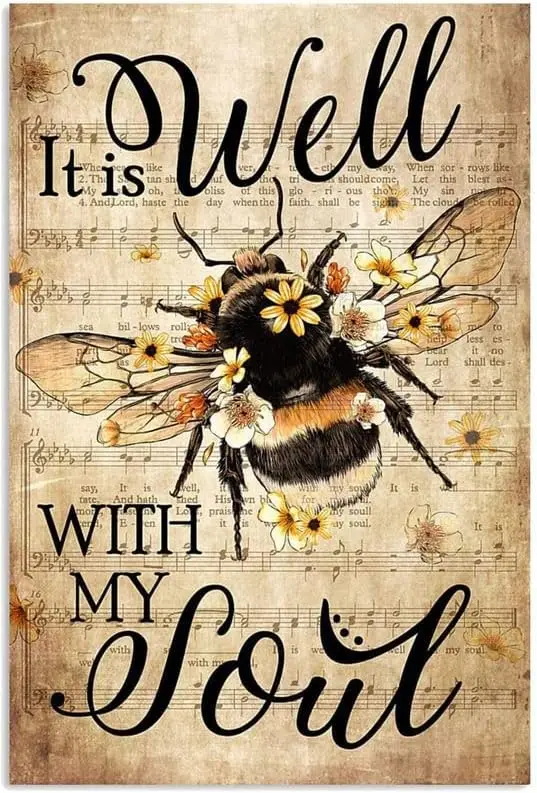 Bee Sunflower Sheet Music Metal Tin Sign Retro It Is Well With My Poster Vintage Plaque Wall Decor Gift For Bathroom Resta