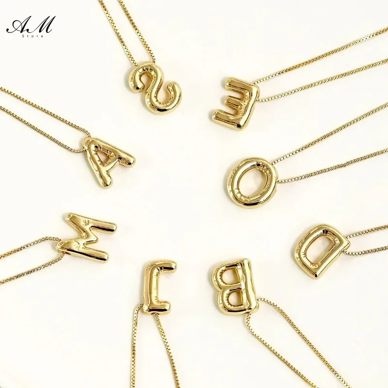 Gold Plated Copper Chunky Alphabet Balloon Bubble Initial Letter Pendant Necklace for Women Men Boy Personalized Fashion Jewelry