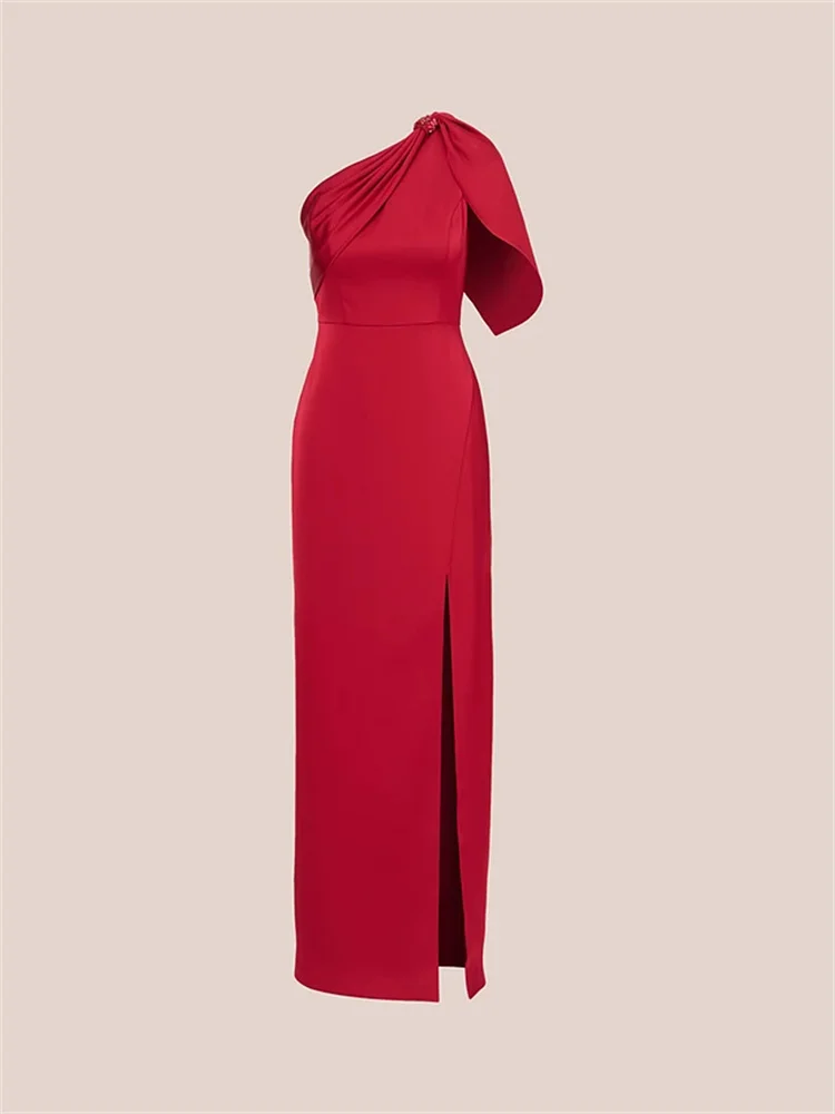 

New Arrival One Shoulder Asymmetric Neck Straight Crepe Evening Dress Elegant Back Zipper Floor Length High Slit Gown For Women