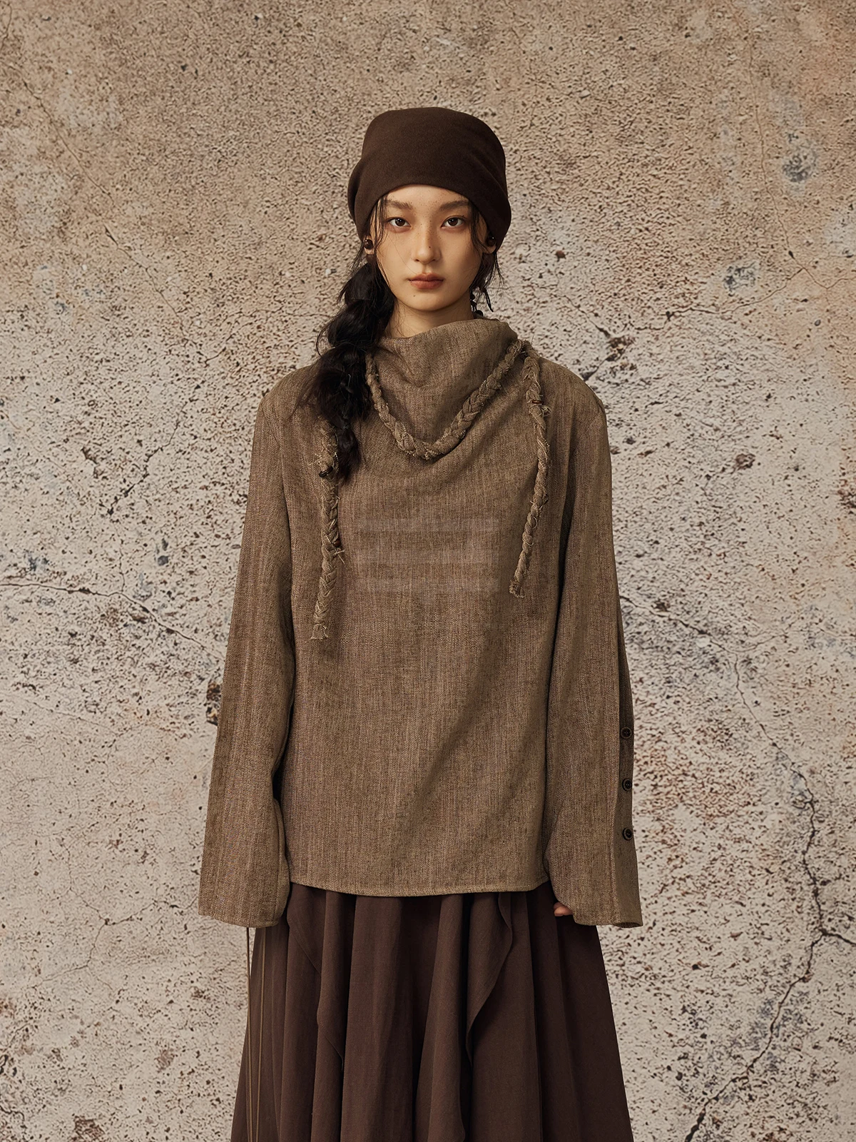 

alpw High Collar Texture Rough Linen Material Button up Top Women's Traditional Chinese Sle Loose Fit Long Sve irt