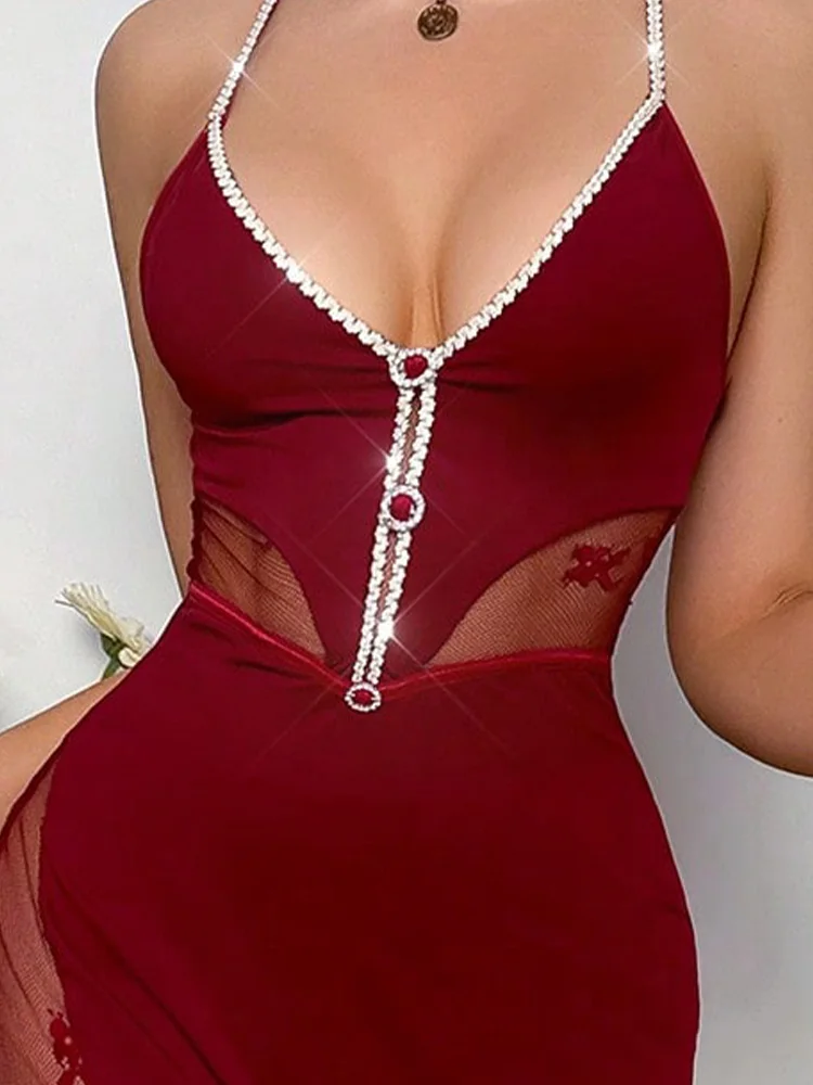 Women Sleepwear Sexy Wine Red Nightgown Rhinestone V-neck Slip Sleepwear Leisure Nightdress Romantic Elegant Night Dress Pajamas