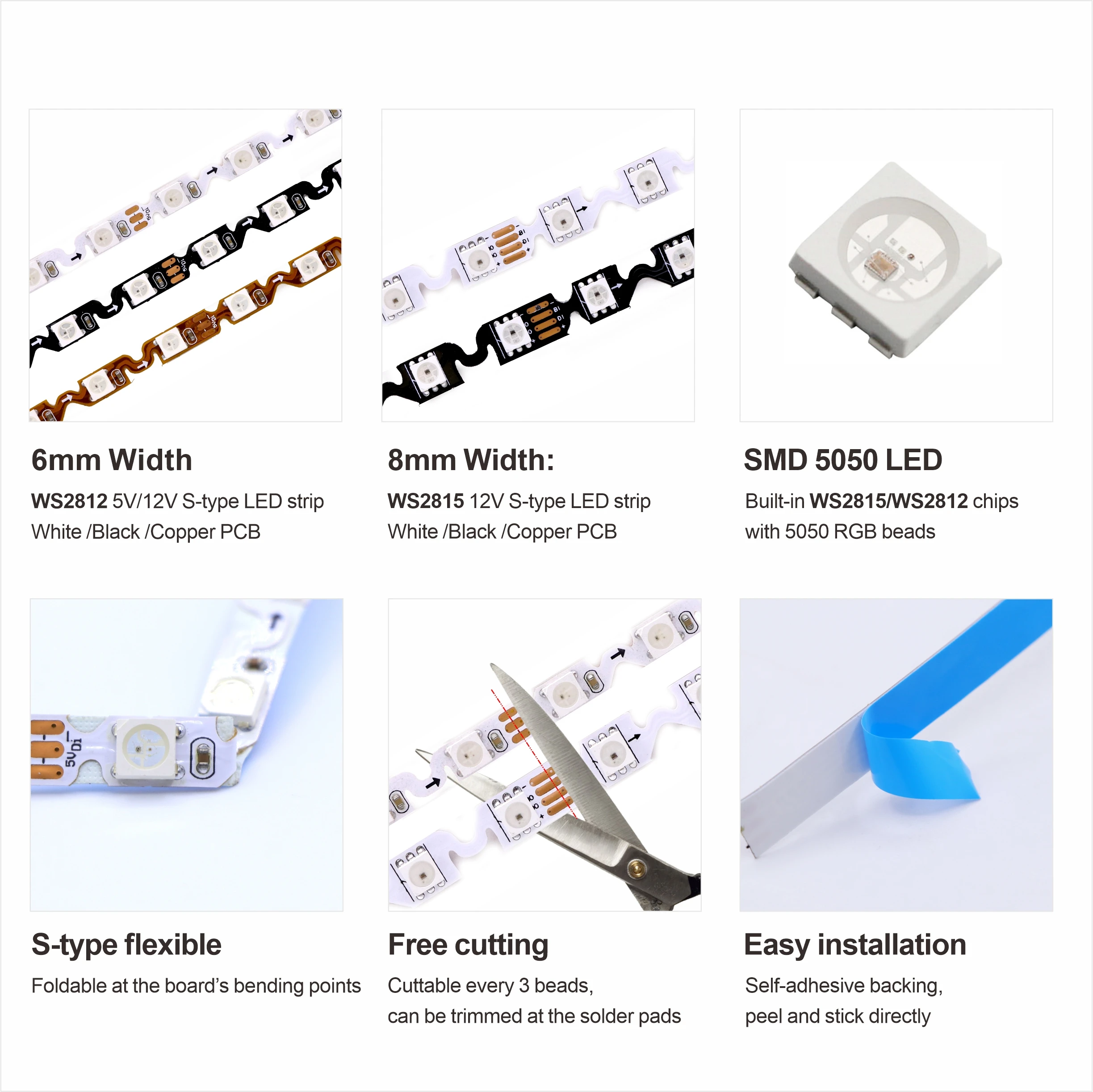 S Shaped LED Lights WS2812B/WS2815 5V/12V Flexible Bending RGB SMD5050 Addressable S-type Pixel 60leds/m LED Strip Light 5V/12V