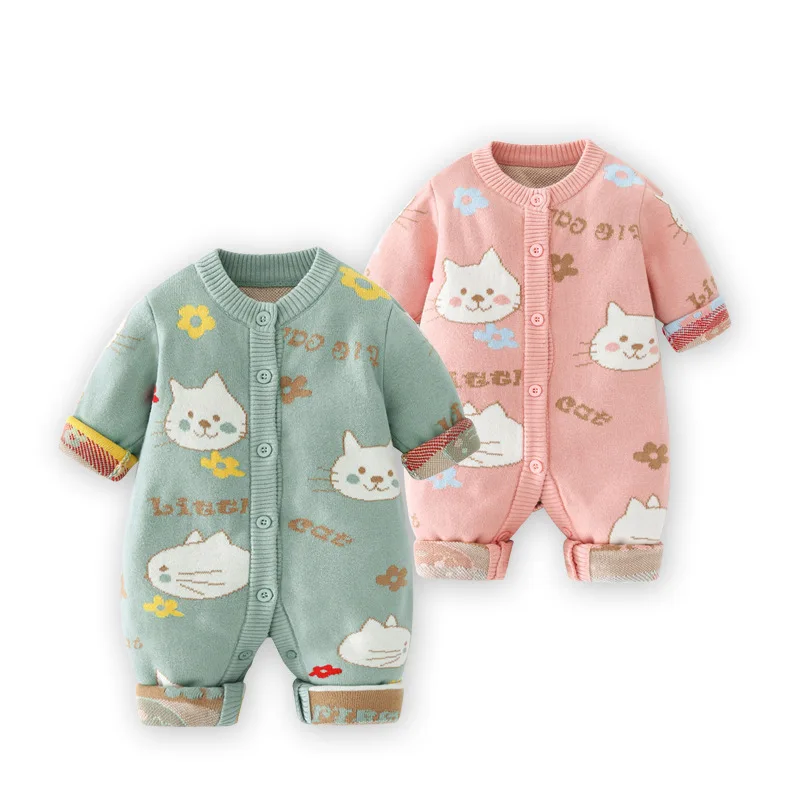 Autumn Winter Infant Girls Bodysuit Cartoon Cat Thickened Warm Newborn Girls Onesies Jacquard Knit Soft Baby Girls Romper