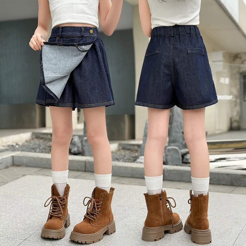 

New Kids Designer Vintage Dark Blue Denim Shorts under Skirt for Teenage Girls Fashion Street Style Jeans Culotte Skirt Shorts