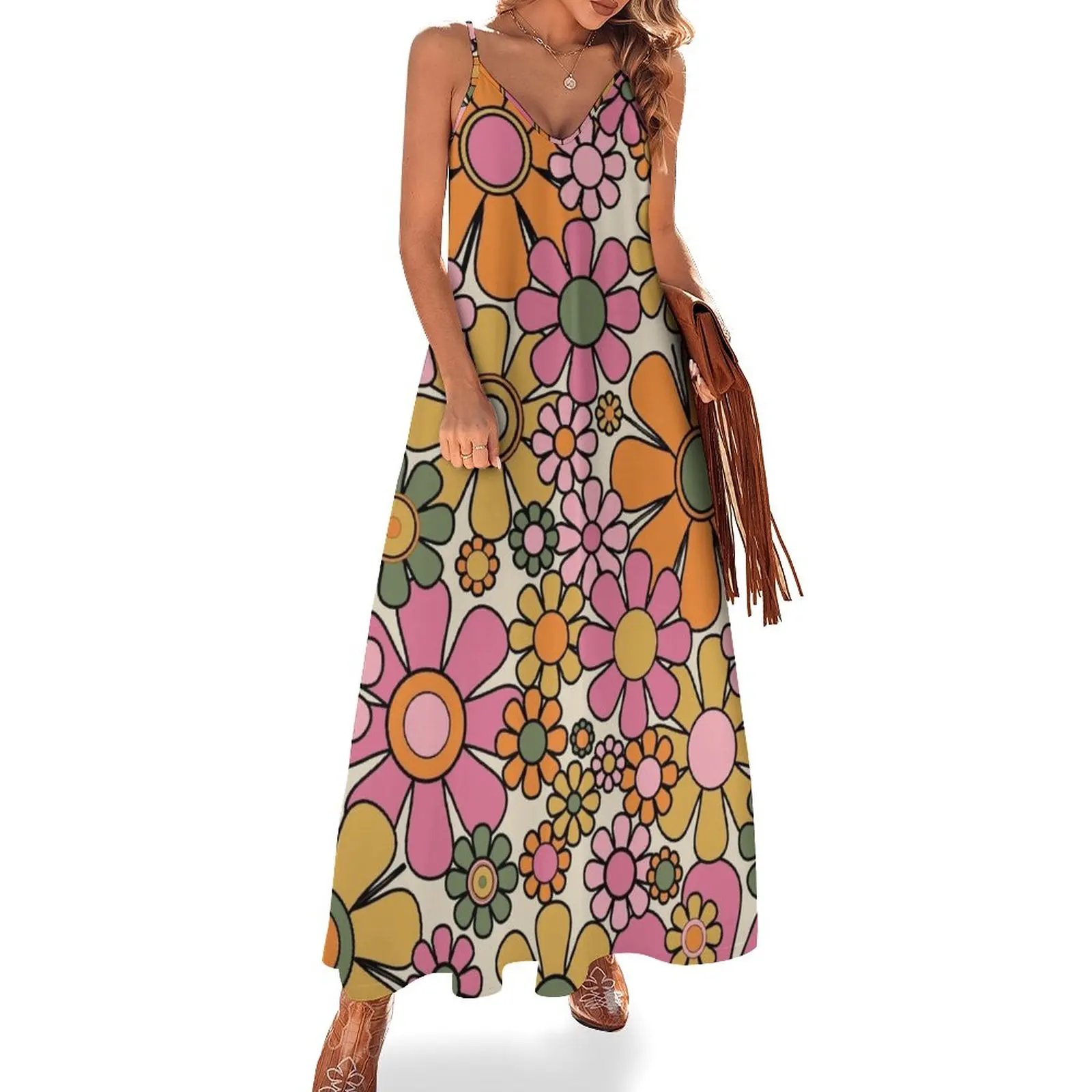 

Retro Garden Flowers Groovy 60s 70s Floral Pattern Thulian Pink Orange Mustard Green Black on Cream Beige Sleeveless Dress