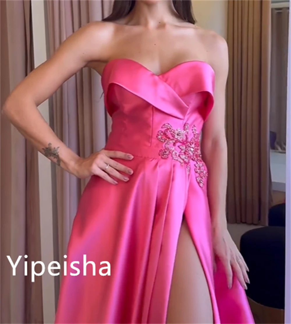 Yipeisha Retro Simple Strapless Ball gown Cocktail Evening Flowers  Sequin Fold  Satin Celebrity Dresses