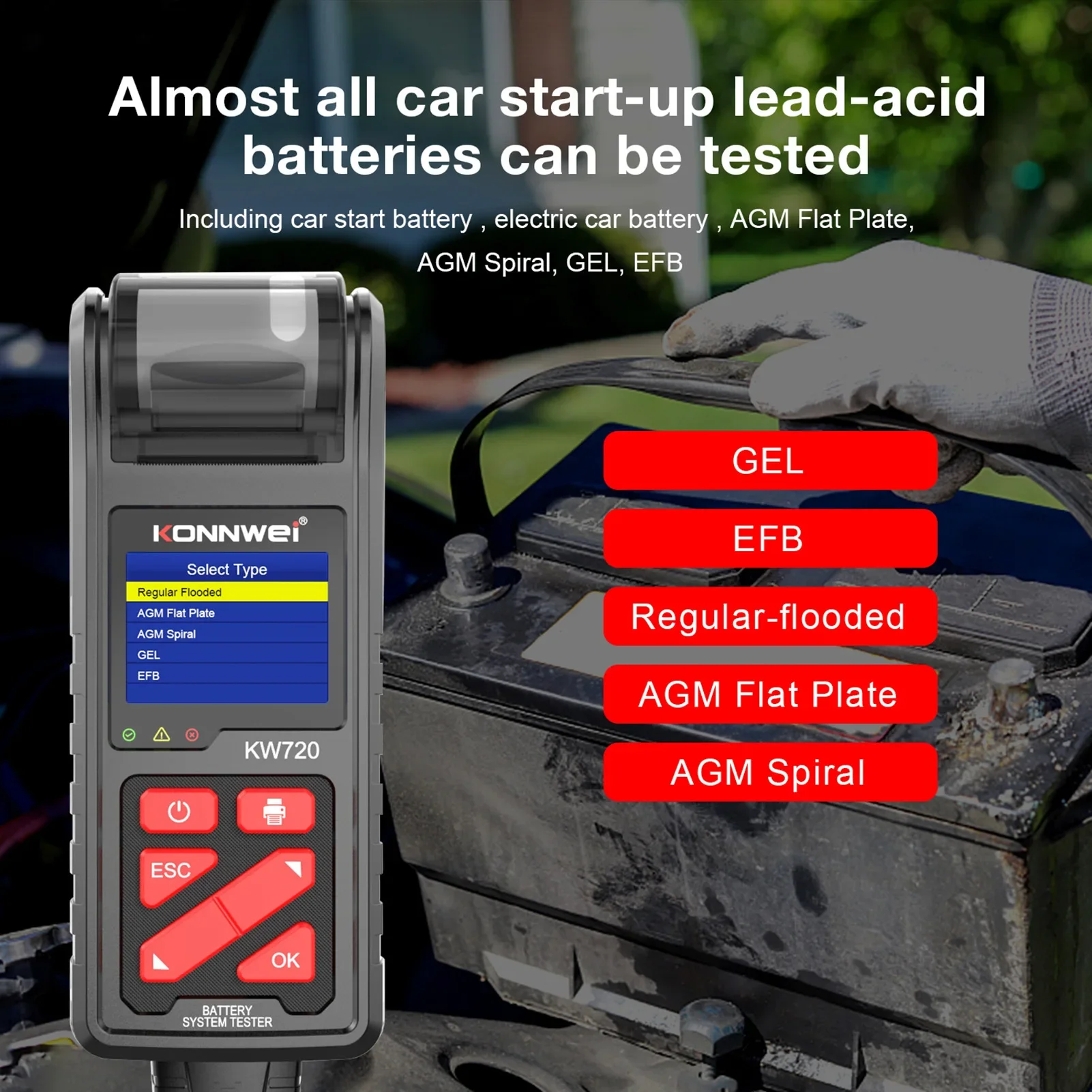 KW720 Car Battery Tester with Intergrated Printer 6V 12V 24V Battery Load Tester Cranking and Charging System Test Scan Tool