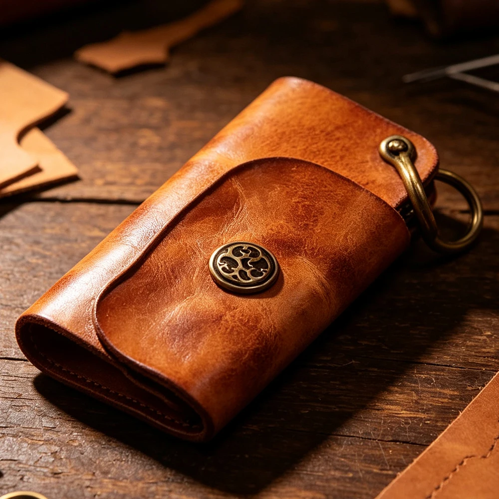 Retro Hochwertige Echtleder-Schlüsseltasche für Männer, Unisex Mini-Aufbewahrungstasche, Schlichtes Design, Autoschlüssel-Geldbörse