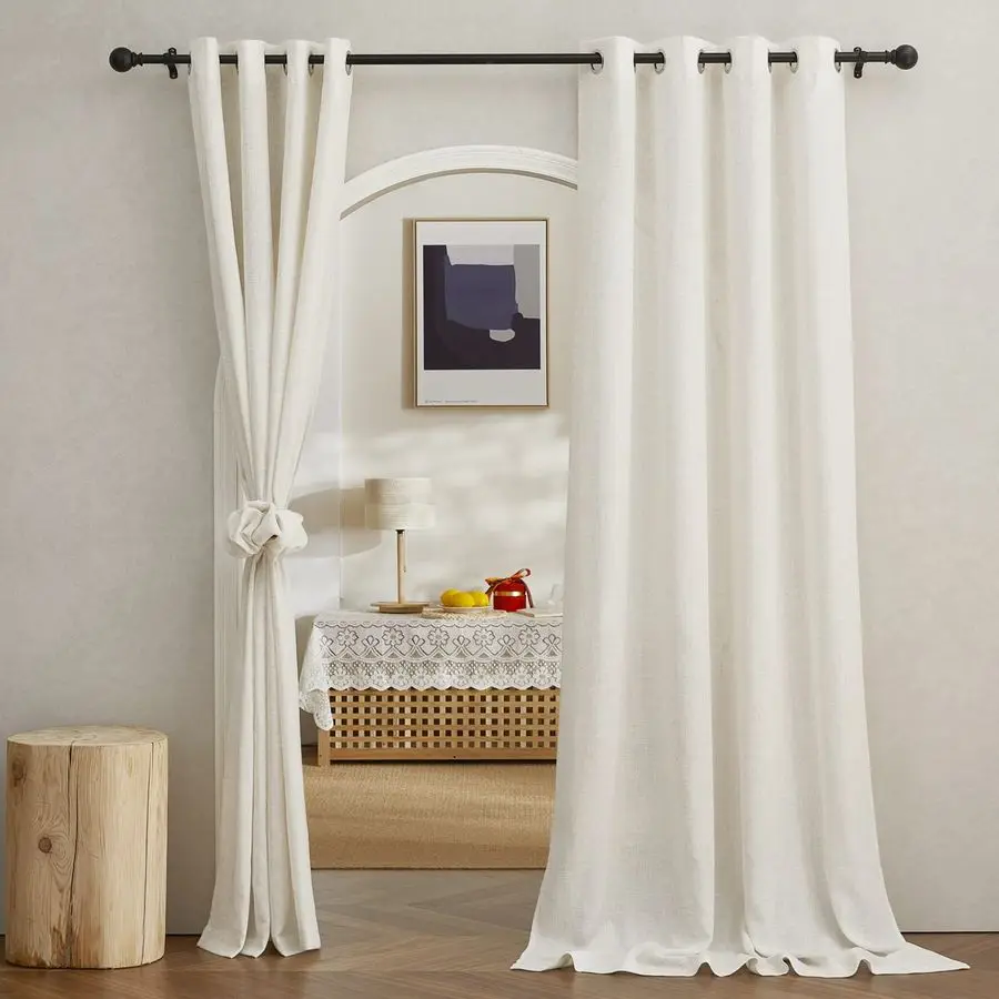 

Semi Sheer Linen Burlap Curtains for Living Room, Grommet Privacy Semitransparent with Light Filter Flax Linen Blend Drapes for