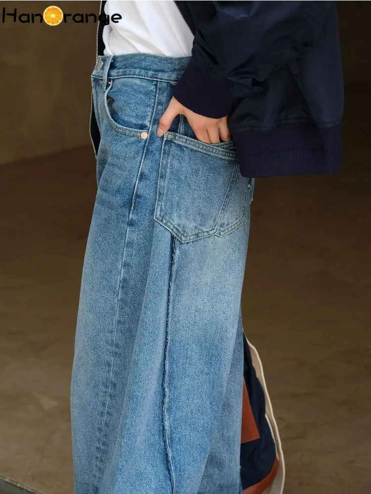 HanOrange 2024 Autumn Wide Leg Curved Jeans Women Loose Raw Edge Casual Denim Trousers Blue