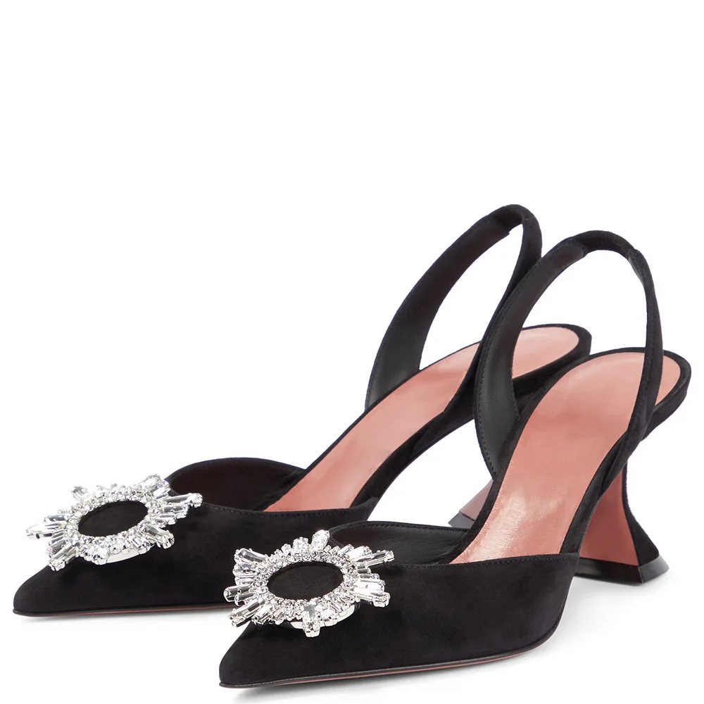 Black Suede Pointed Toe Slingback Heels for Women, Sparkling Rhinestone Flared Heel Pumps, Elegant Formal Party Wedding Dress - view 5