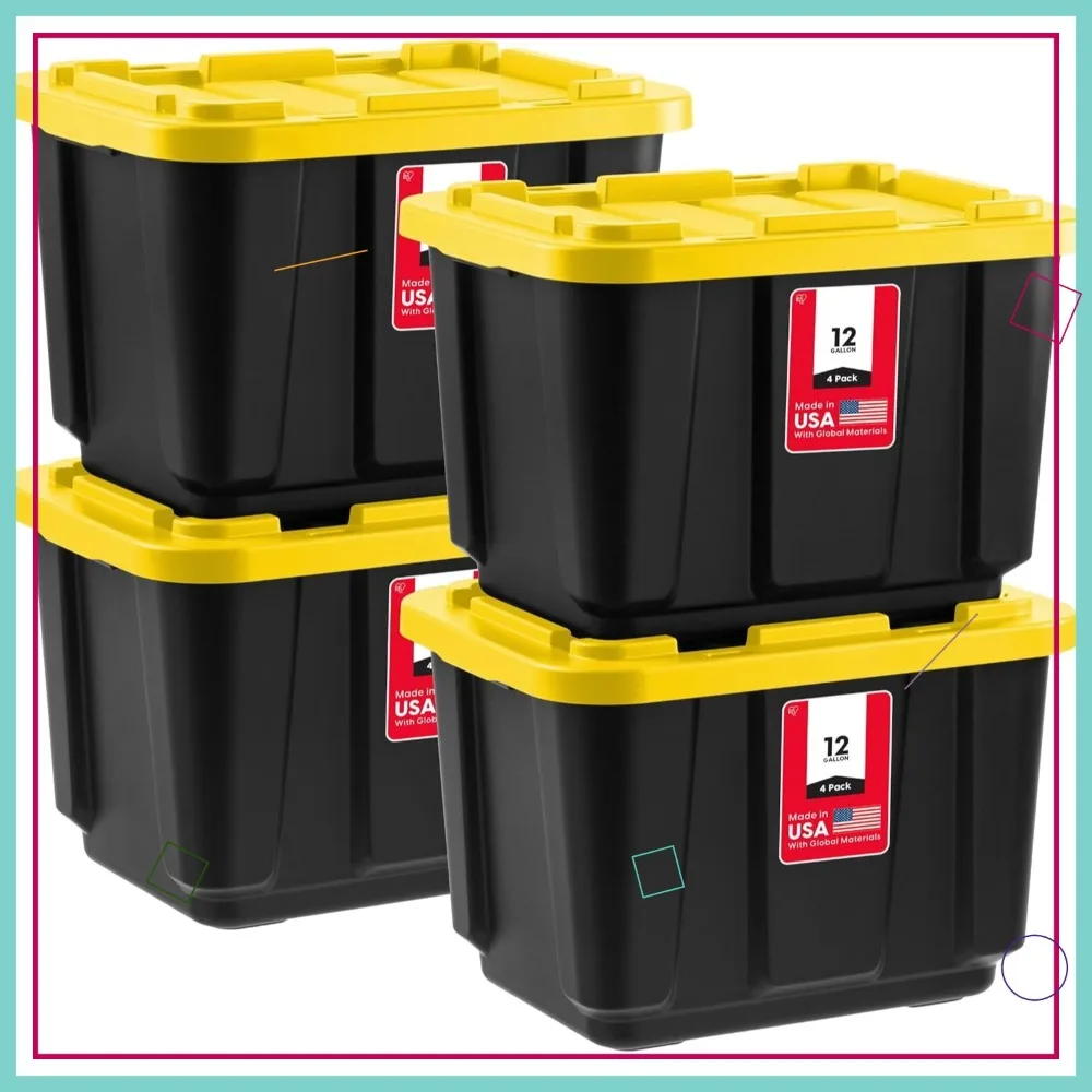 

Heavy Duty 12 Gallon Truck Bed Toolbox Storage Totes with Lockable Lids, 4 Pack Stackable Industrial Tubs - Black/Yellow