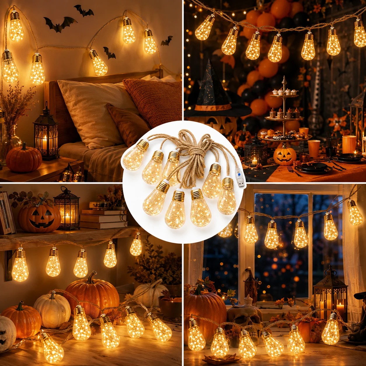 LED String Lights Hemp Rope Edison Bulb Lights USB Powered 2PCS Warm White 8 Modes for Home Party Halloween Decor