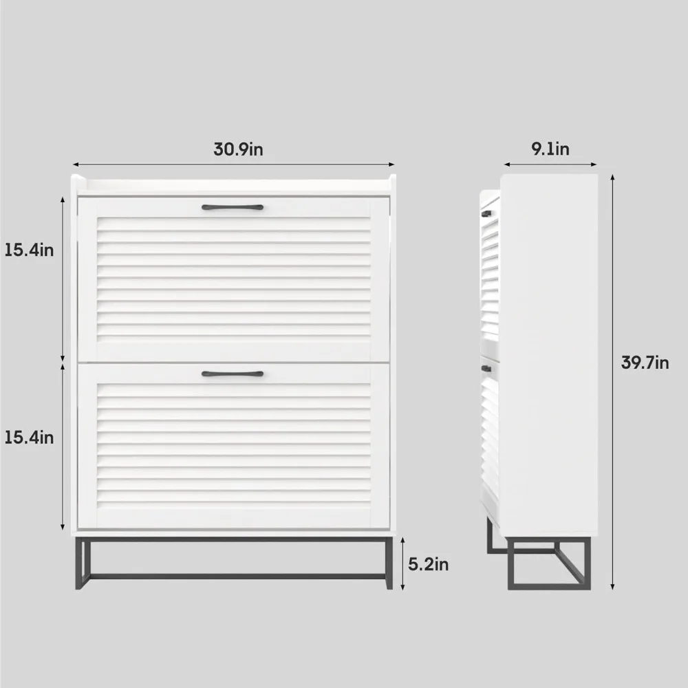 Entrance narrow shoe cabinet with 2 flap shutter doors, separate storage cabinet with metal legs, white