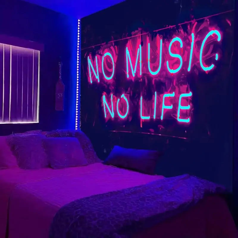 VIKAMA No Music No Life Tapestry Simulated Neon Letter Wall Hanging Text Quote Aesthetic Bedroom Music Room Decor