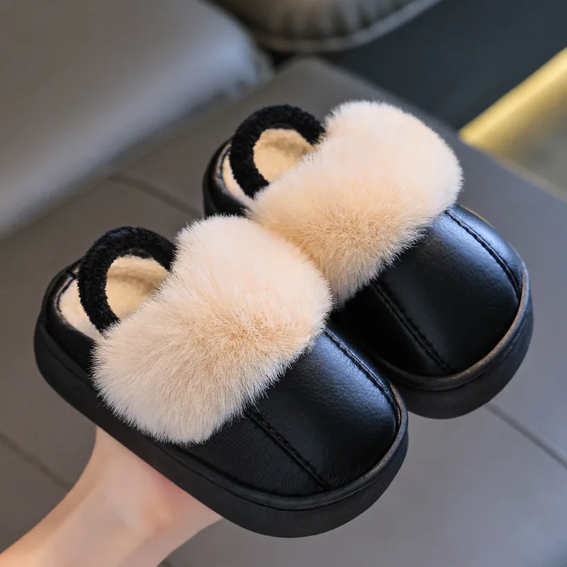 

Korean Style Children's Suede Plush Slippers 2025 Winter New Girls Elastic Band Cotton Shoes Simple Solid Color Boys Lazy Flats