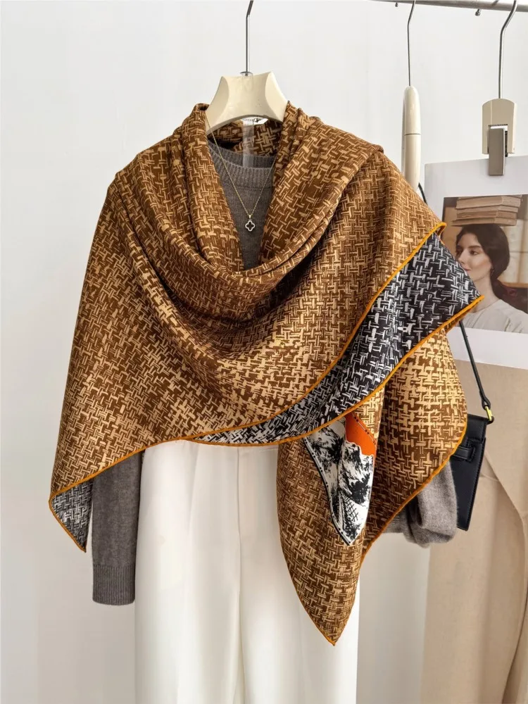 Orange silk real wool large square scarf checkered two-color air-conditioned room shawl