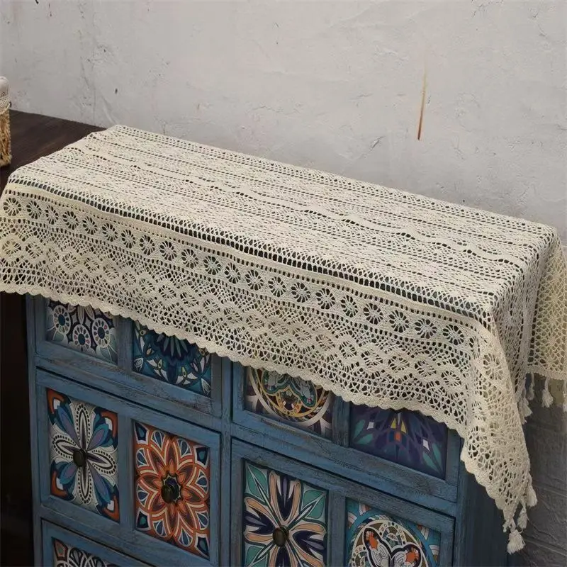 Beige Crochet Vintage Tablecloth Scarf Table Flag Sofa Armrest Towel TV Shoe Cabinet Dining Table Cloth Coffee Table Cover