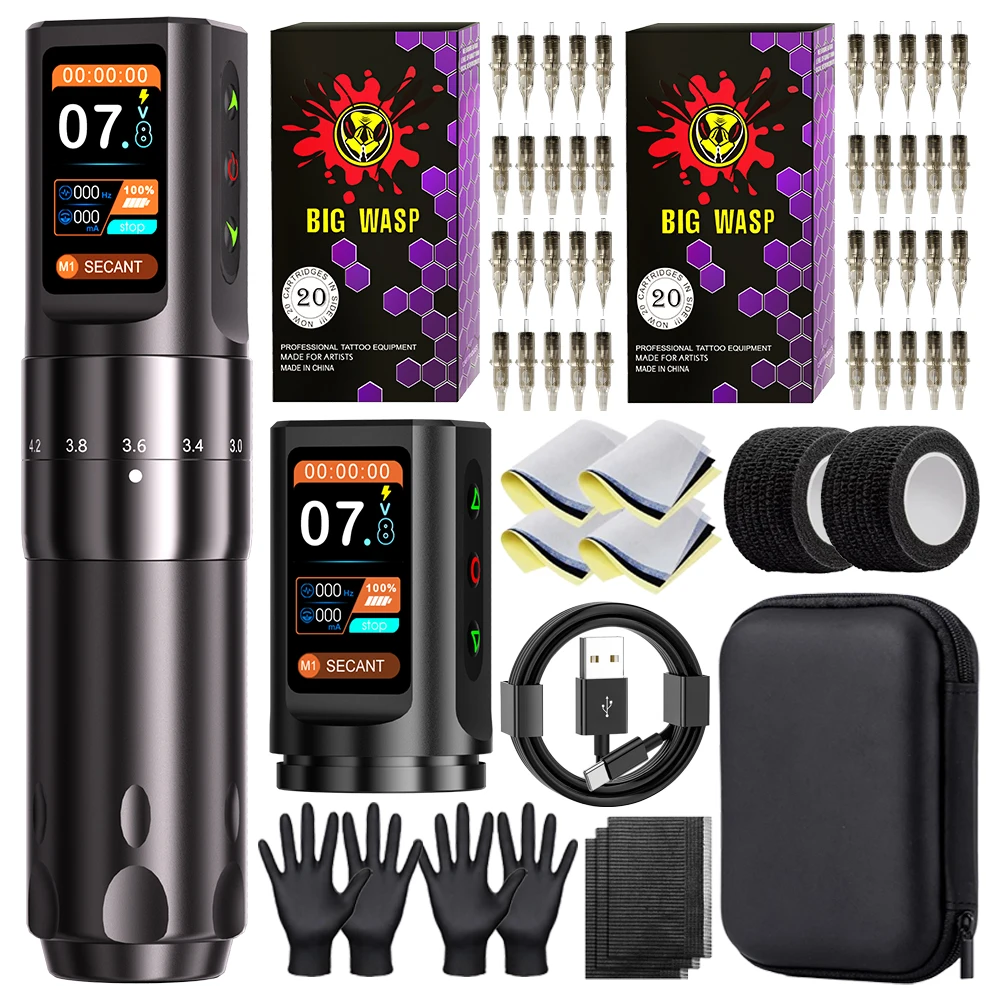 

BIGWASP Professional Wireless Tattoo Machine Kit Adjustable Stroke 2.0-4.2mm OLED Display 2000mAh Battery Pen For Tattoo Artists