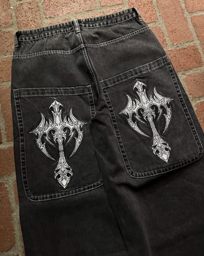 

Y2K Vintage Harajuku Gothic Jeans Streetwear Black Washed Denim Pants Wide Leg Loose Fit Print Retro Hip Hop Unisex Casual Pants