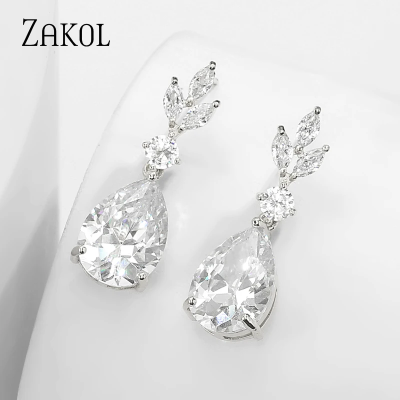 ZAKOL Fashion Water Drop AAA Cubic Zircon Dangle Earrings for Women White Color Leaf Wedding Jewelry Factory Wholesale FSEP2500