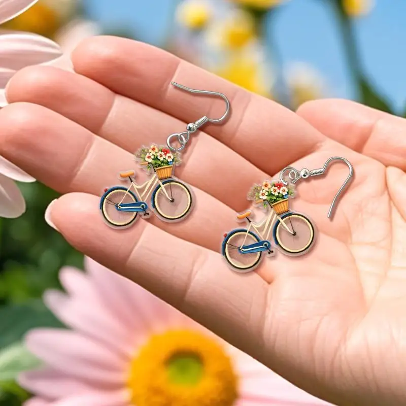 1 Pair Of 2D Flat-2D Retro Bicycle Pattern Ladies Fashion Earrings Acrylic And Iron Daily Wear Suitable For All Seasons